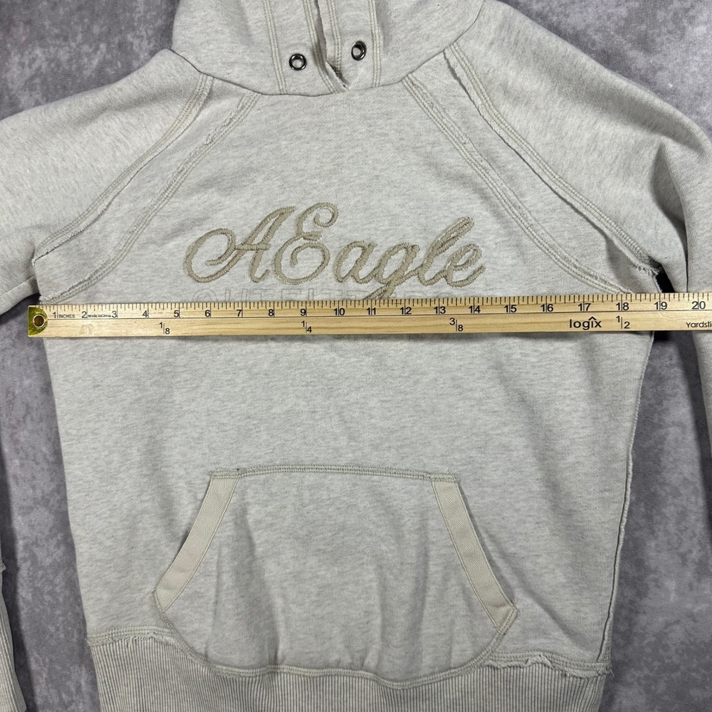 American Eagle Womens Oatmeal Heather Embroidered Logo Hoodie Small Y2K Fleece - Picture 6 of 7